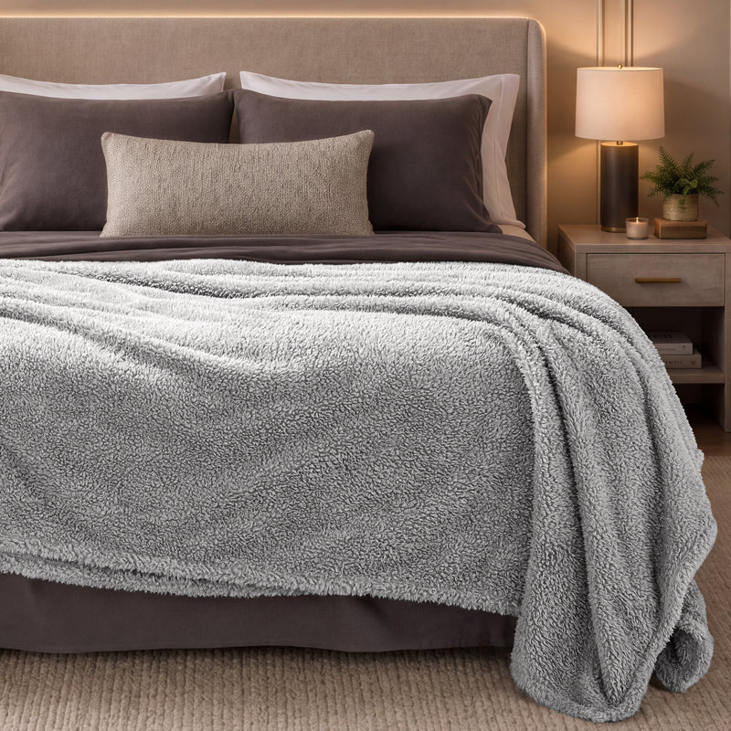 Couverture Cozy Faux Shearling, Gris clair uni, Double/Grand