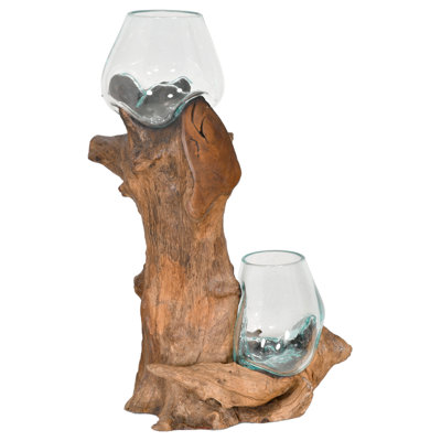 Double Glass Bowl On Teak Stand