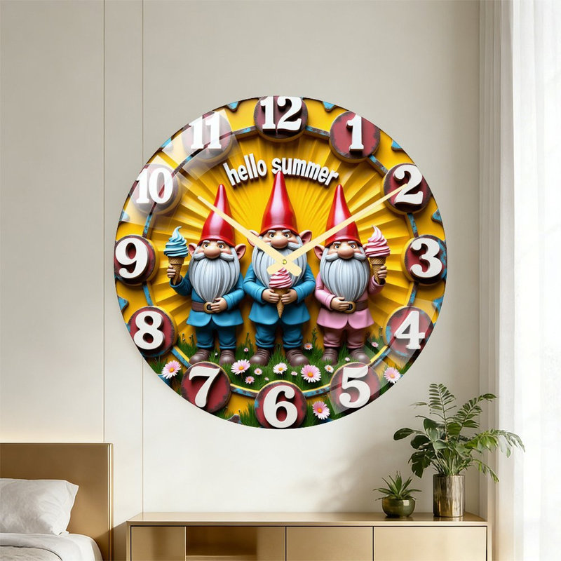 Gnomes tenant des glaces, horloge d'été, horloge murale 24 po
