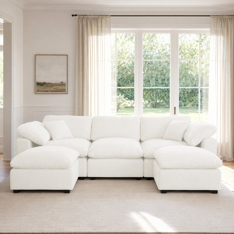 Modular Plush Chenille Extra Soft Deep Cloud Sectional U-shaped Sofa With Ottoman & Pillow-top Arms, Cream White Chenille