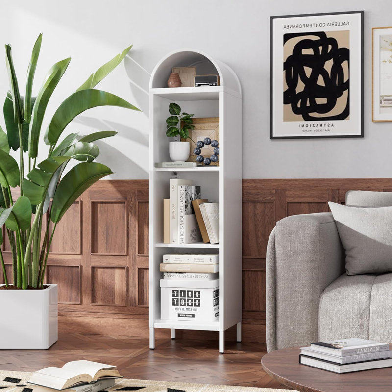 Arch Display Bookcase With 2 Adjustable Shelves, Kitchen Pantry Storage Bookshelf For Dining Room, Home, Office, Kitchen, Study Room, Assembly Required, White