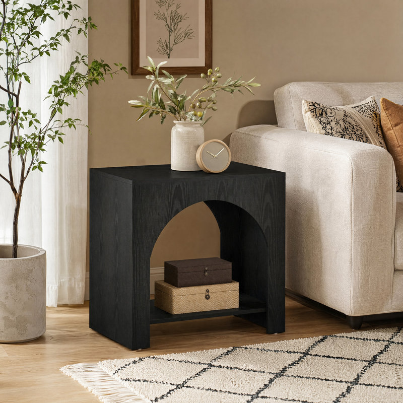 Farmhouse End Table With Storage Shelf For Living Room, Black, 1