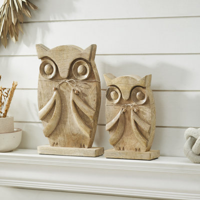 Ensemble de 2 hiboux en bois naturel - 9,75 po et 13,25 po