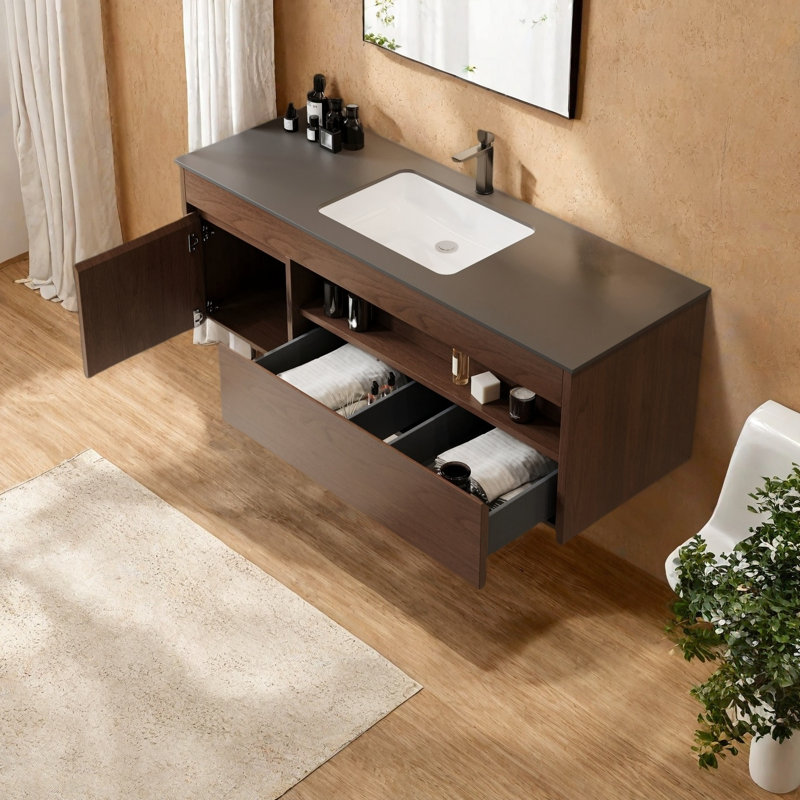 47.25'' Brown Wood Floating Vanity with Drawer, Single Bathroom Vanity with Gray Sintered Stone Top