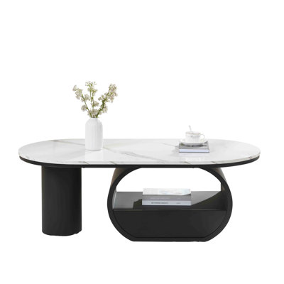 Oval Coffee Table, Accent Table With Storage Drawer, Center Table With Faux Marble Top And Metal Base by Ivy Bronx