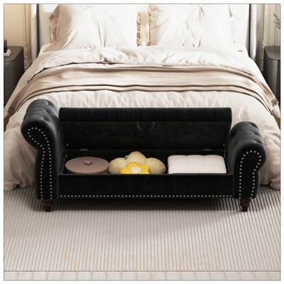 Nails Tufted Velvet Upholstered Bed Bench with Storage for Bedroom and Lounge, High Backrest Design, Sturdy Wood Legs