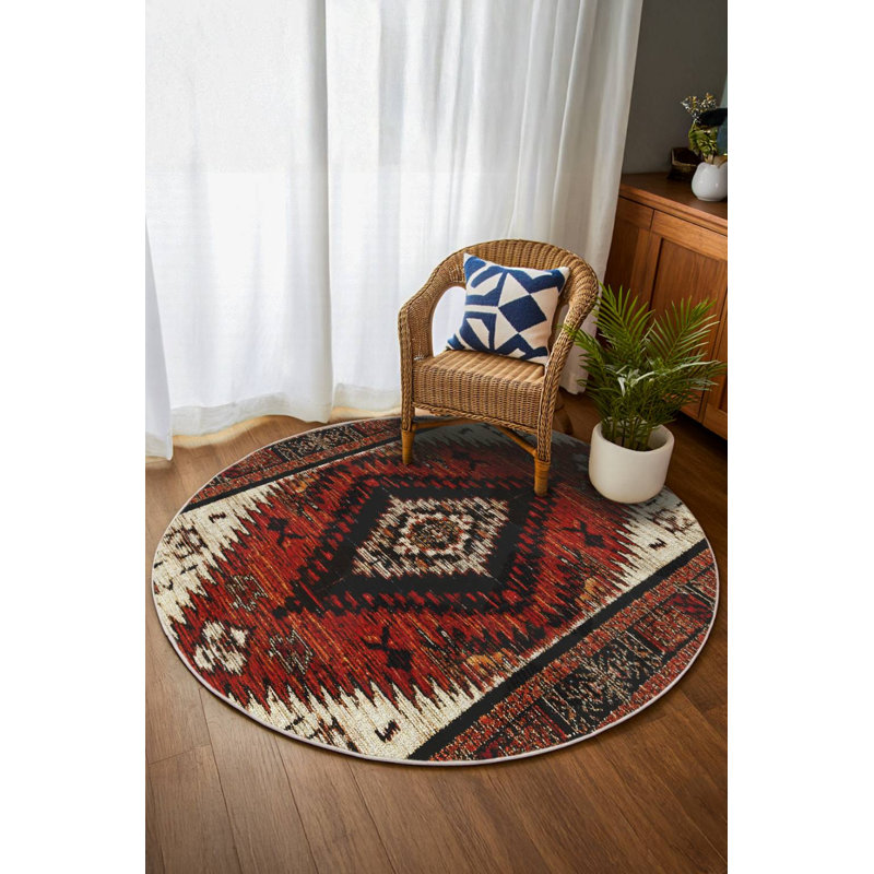 Strawbridge Burgundy Beige Moroccan Machine Printed Cotton Polyester Area Rug, Rectangle 6'7" x 7'3"