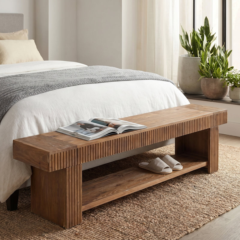 71 Inch Fluted Solid Wood Entryway Bench