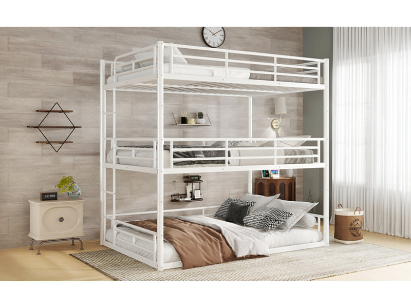 Full Over Full Over Full Bunk Bed, Metal Triple Bunk Bed With Safety Guardrails, Heavy-Duty Bunk Bed With Noise-Reduced Design, White