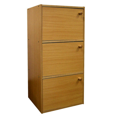 35.5" Tall 3 Bookcase With Doors - Natural Wood Finish Enhances Office, Living Room, Room Decor Scratch- Surface Wooden Book Shelf Doors, Increases Storage Efficiency