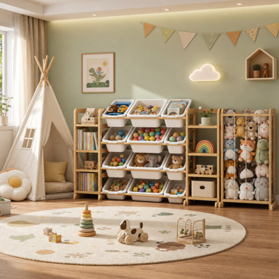 Tour de rangement pour jouets 3 en 1 avec 12 bacs et 6 tablettes, rangement pour jouets en peluche