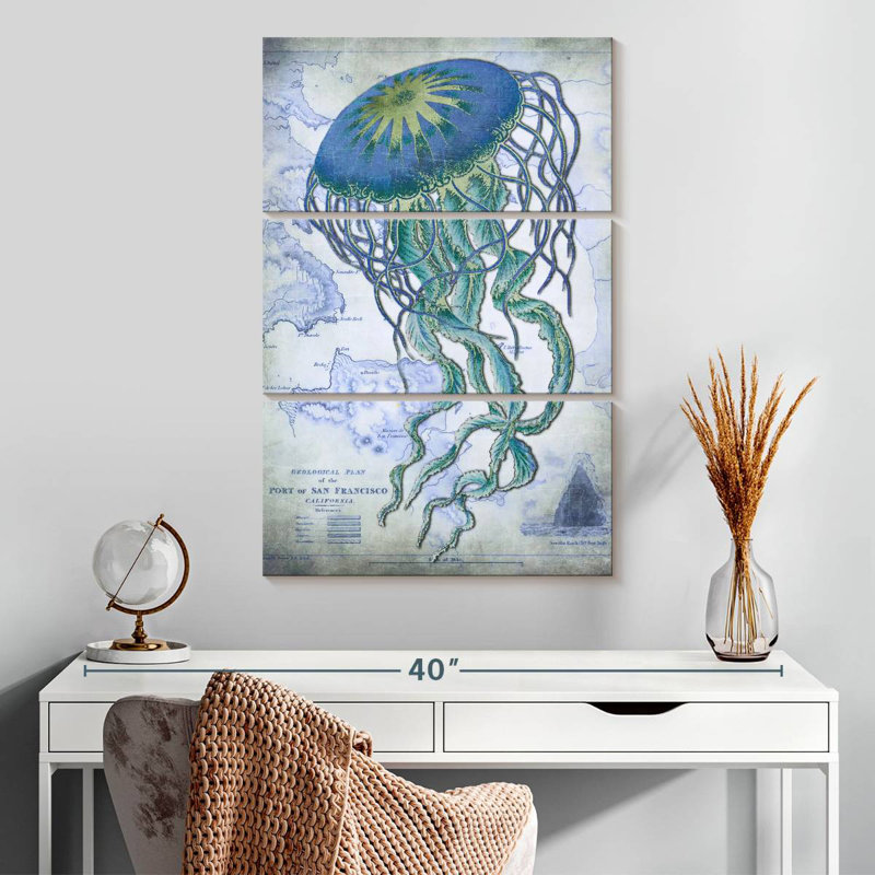 Brampt Jellyfish sur l'image d'une carte nautique, H 32 po x l 20 po