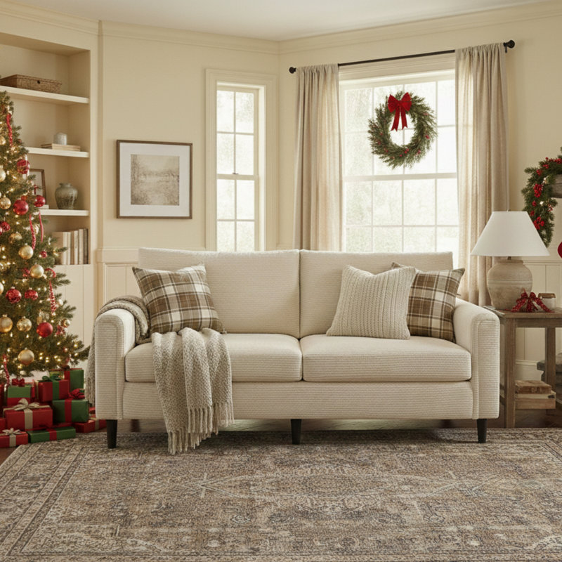 79" Upholstered Corduroy Sofa with Square Arms and Cushion Back, Beige