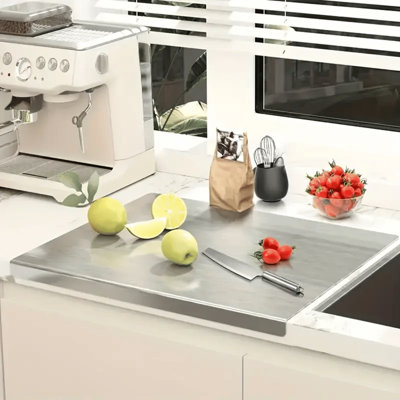 Stainless Steel Cutting Board with Lip for Kitchen Chopping Boards for Countertop Large Metal Cutting Board over Sink Suitable for Meat Fruits Vegetables Bread Noodle and Pizza Bamboo Knives