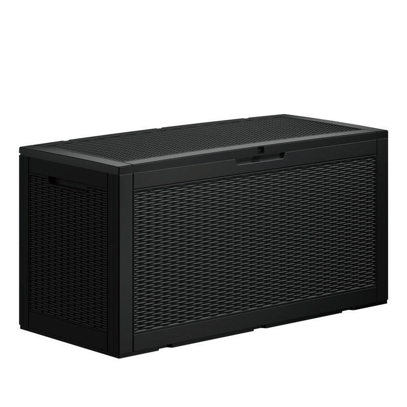 Decksplore 100 Gallons Water Resistant Resin Lockable Deck Box(Rattan weave style), Black