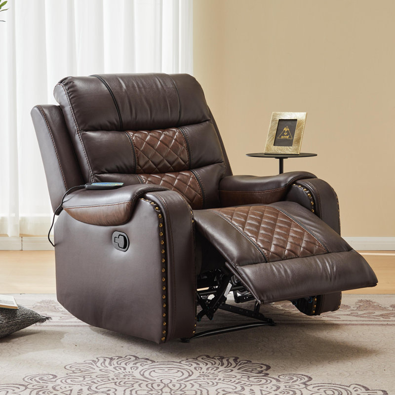 PU Leather Manual Massage and Heat Recliner Chair Single Sofa with Diamond Stitching, Brown