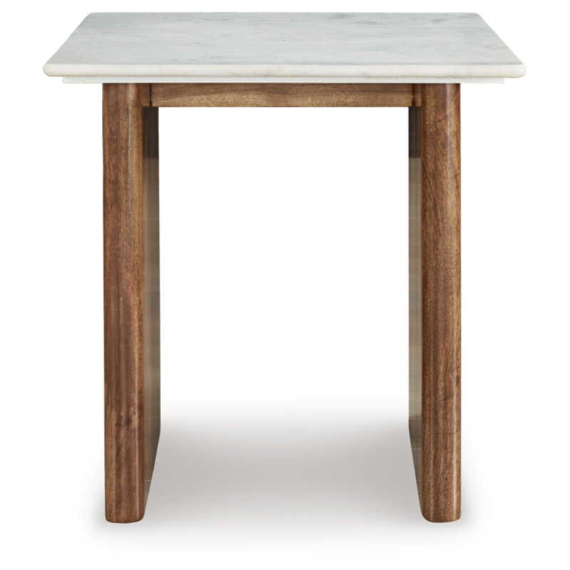 Light Brown and White Mango Wood End Table with Marble Top