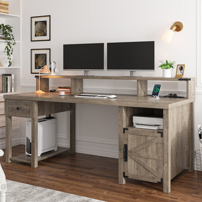 55" Computer Desk With Drawers Home Office Desk With Drawers With Monitor Shelf Farmhouse Wood Desk With Power Outlets