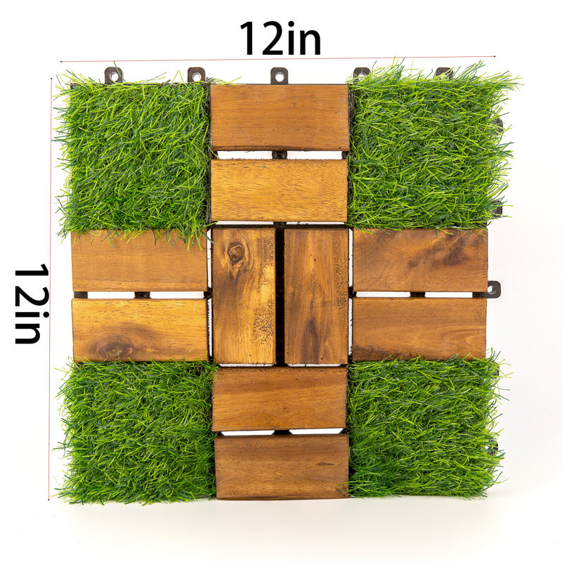 Paquet de 30 tuiles de terrasse en bois d'acacia 12 po x 12 po avec gazon artificiel | Carreaux intérieurs et extérieurs à emboîtement pour le patio, le jardin, le hall d'entrée, la cuisine et les bordures de paysage