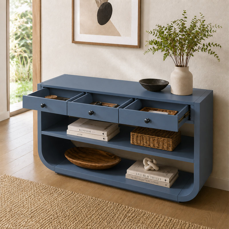 Console Velmori 55 po avec 3 tiroirs à fermeture en douceur et tablettes ouvertes, Blue