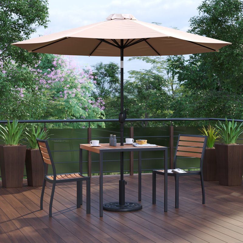 Abi-Louise Faux Teak Patio Table, 2 Chairs & 9FT Patio Umbrella with Base, Tan Umbrella