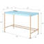 Bureau d'écriture rectangulaire avec teinte bleue et dorée, bâbord, conception fixe, finition brillante, base ouverte en métal blanc, largeur de 20 po, surface lustrée de 30 po