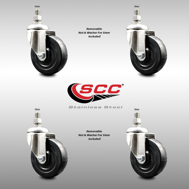 316SS Hard Rubber Wheel Swivel Threaded Stem Caster Set SCC