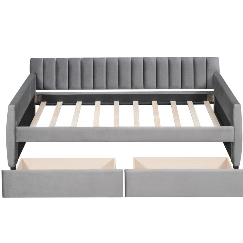 Lit de jour simple gris élégant avec tiroirs et support en lattes de bois, structure robuste, Gris