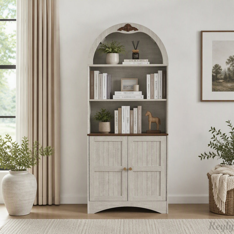 Armoire de rangement cintrée avec tablettes ajustables, Light Grey,Light Oak