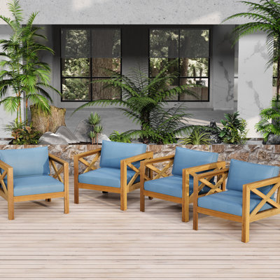 Fauteuils club d'extérieur en bois avec coussins en tissu imperméables bleus, conversation, intempéries - 4 pièces en bois, finition idéale pour la terrasse et le jardin