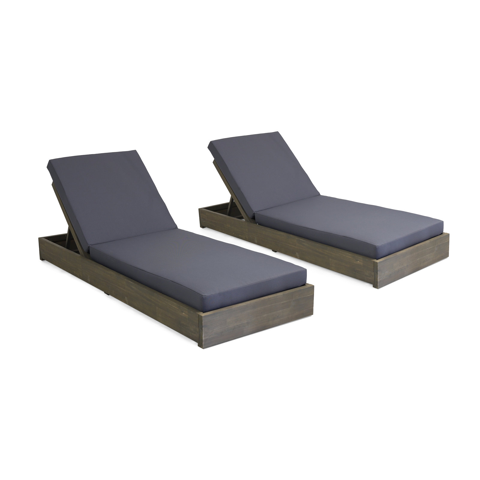 Donnie 30" Acacia Patio Chaise Lounge Set, Dark Gray Cusion/Gray Frame, Set of 2