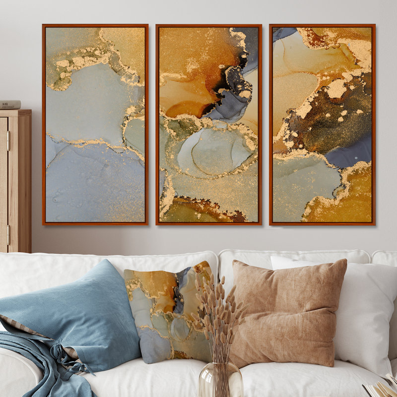 "Brown and Black Luxury Abstract Fluid Art", 3 pièces, cadre flottant, impression sur toile, L 28 po x H 36 po, Brun