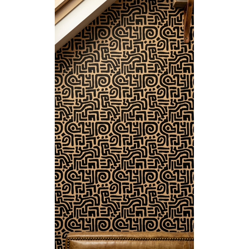Rouleau de papier peint à motif de labyrinthe de labyrinthe abstrait noir et brun clair, Textured Non-Pasted