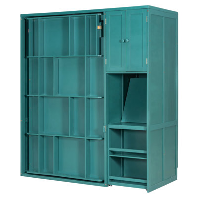 Teal Twin Rotating Wall Bed With 2 - In 1 Design Concept, Hidden Storage At Top, Extendable Study Desk & External Shelf 180 Degree Turn, Top Compartment, Pull Out Work Exterior Display