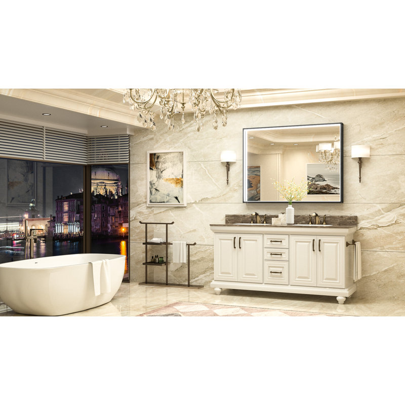 LED Metal Framed Anti-Fog Function 3 Color Adjustment Bathroom Mirror, 48" X 36"