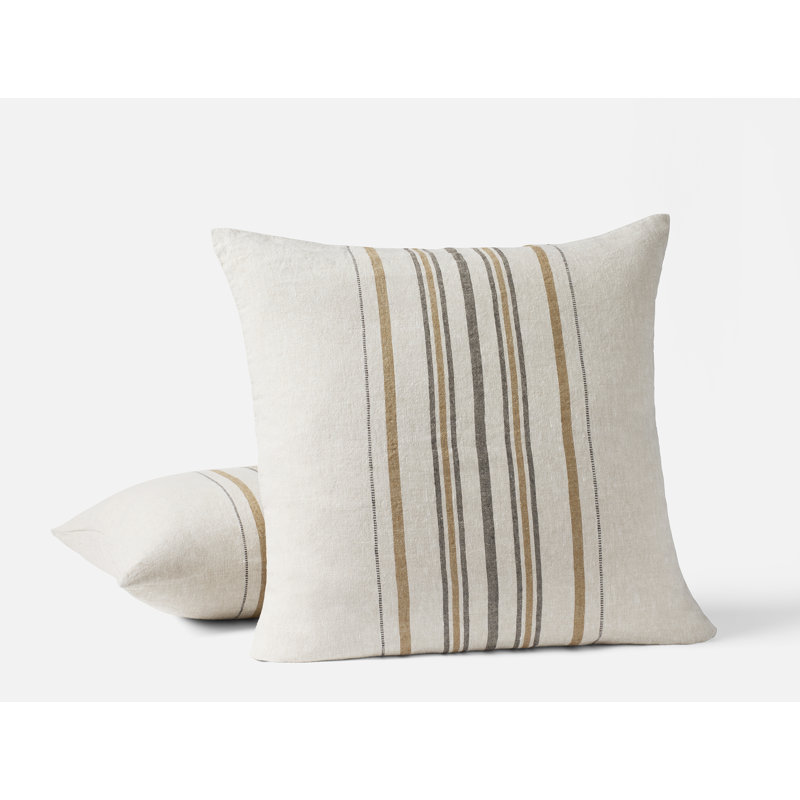 Mojave Organic Linen Linen Square Pillow Cover, Khaki/Espresso Stripe