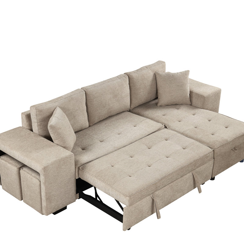 Modern L-Shape 3 Seat Sectional With Pull Out Sleeper And Storage Chaise, 2 Stools In Cream For Living Area 104.5" Couch Sleeper, Chaise Home Room