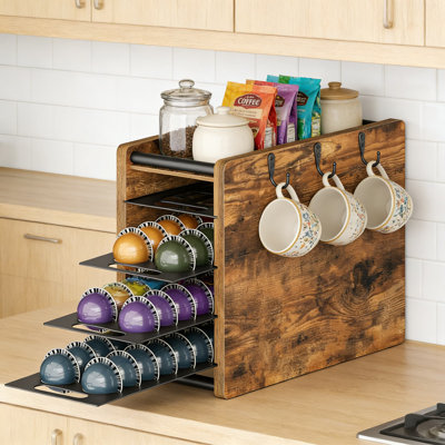 Organisateur de dosettes pour café grande capacité avec 4 tiroirs coulissants, pouvant contenir 72 dosettes Nespresso Vertuo, support de comptoir peu encombrant avec porte-gobelet et crochets