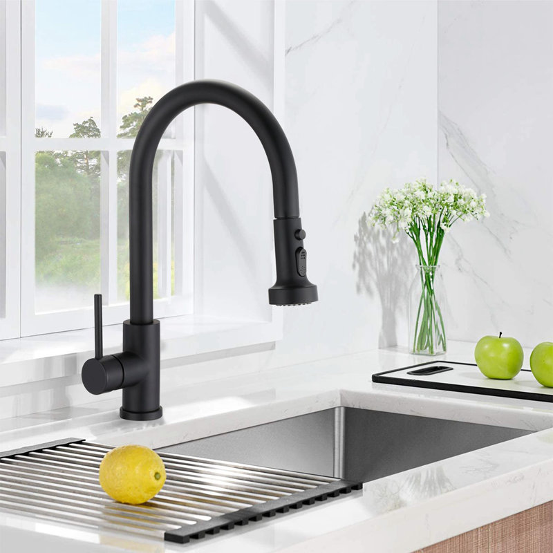 Robinet de cuisine extractible à poignée simple avec distributeur de savon, Noir mat
