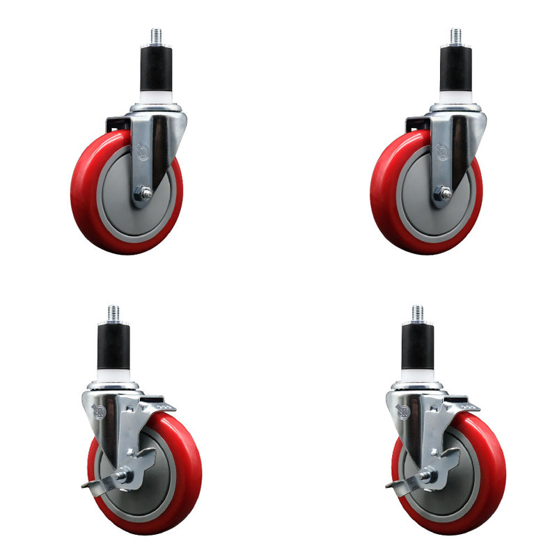 Ensemble de roulettes extensibles pivotantes en polyuréthane en polyuréthane 5 pouces 1 1/2 pouces 2 freins SCC, Rouge