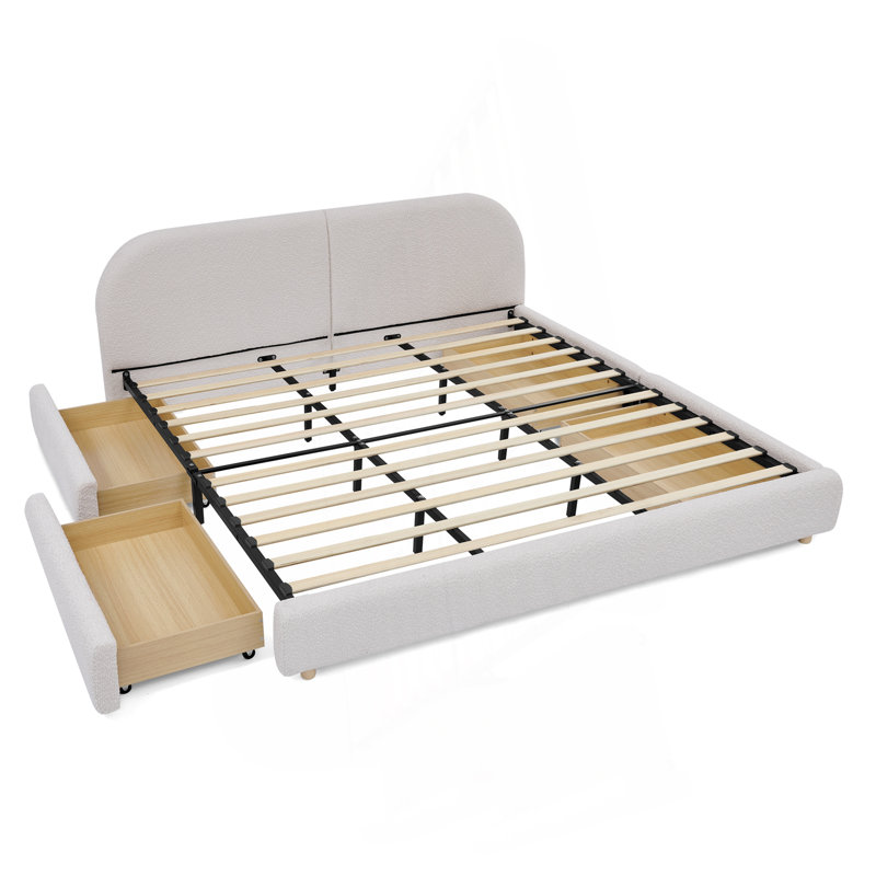 Structure de lit tapissier très grand de style moderne et minimaliste - Tissu de fil rond, tête de lit haute incurvée, support de pieds robuste et rangement à roulettes, matelas non inclus