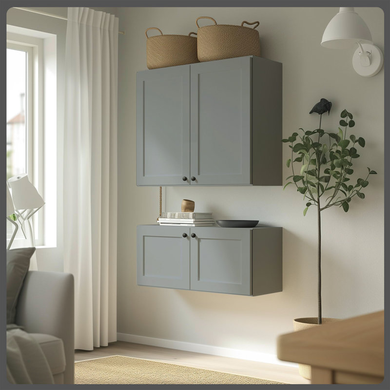 Armoire de cuisine murale en contreplaqué prête à assembler avec 2 tablettes réglables et portes à fermeture en douceur, Gris