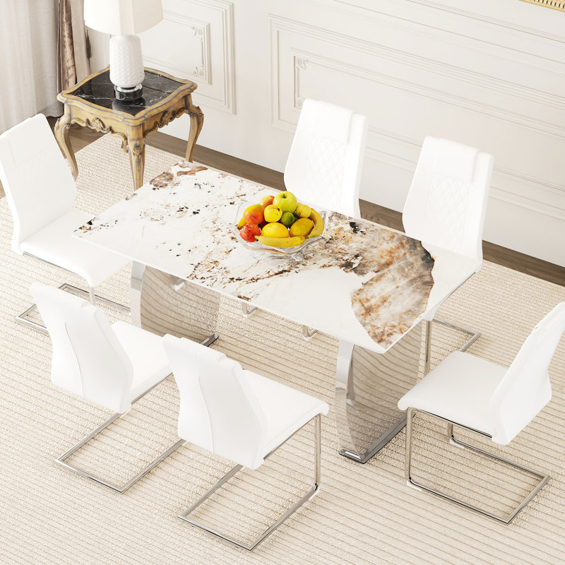 Table de salle à manger en pierre frittée avec 6 chaises blanches - Pieds argentés, moderne pour table de réunion