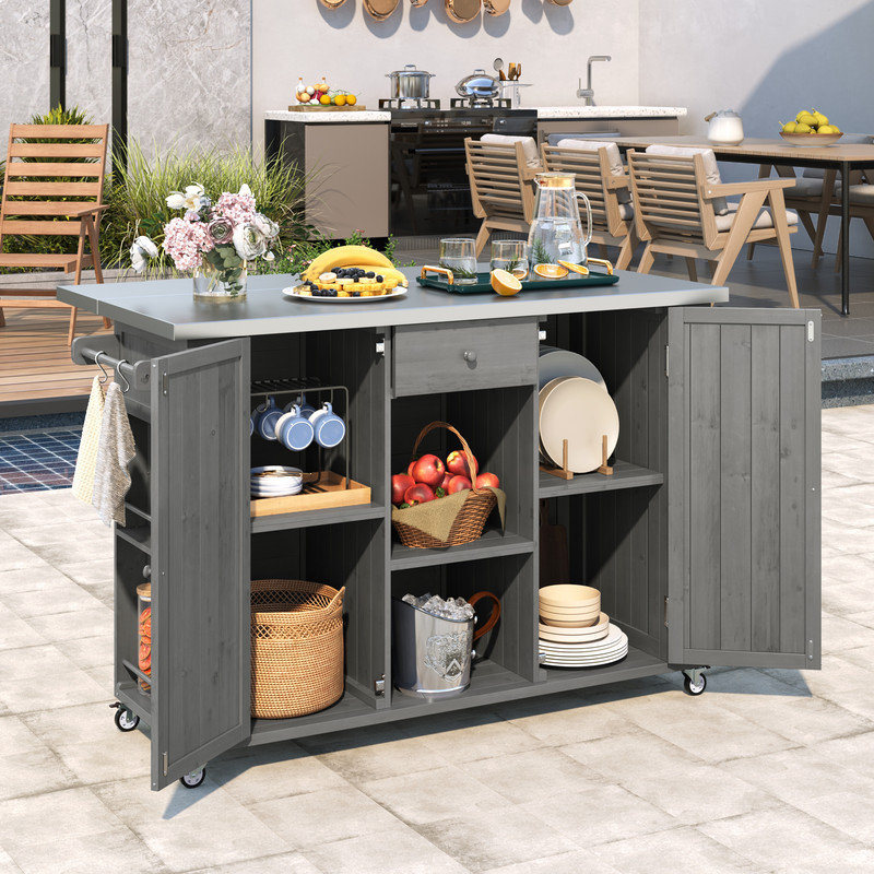 Fir Wood Kitchen Island with Stainless Steel Top, Gray