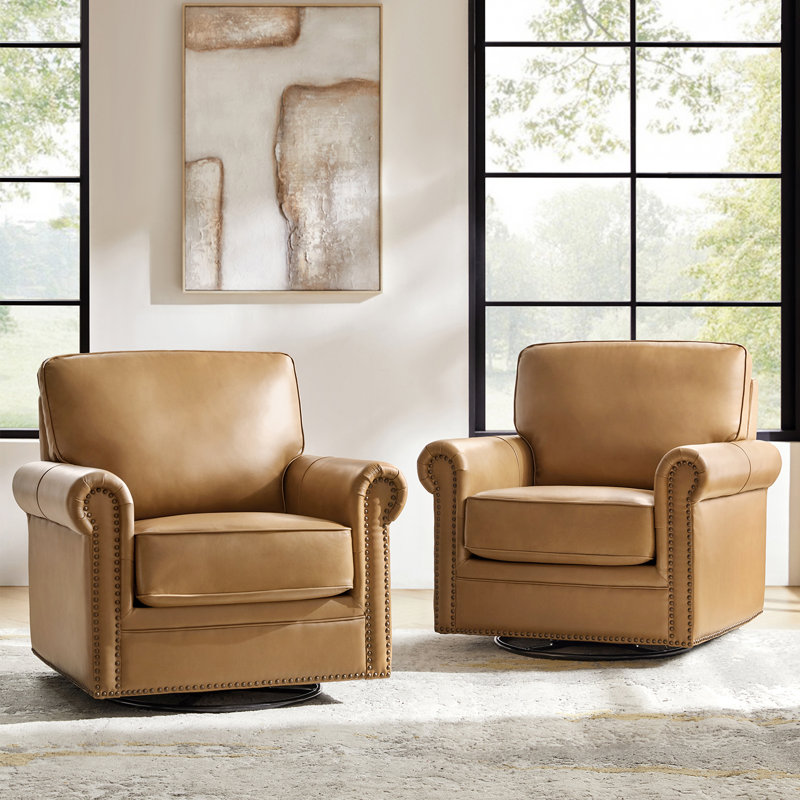 Auer Traditional Genuine Leather Swivel Rocker Chair Set of 2, Camel
