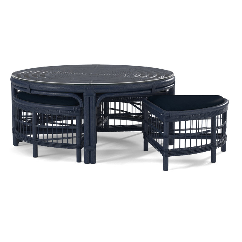 Raffles Rattan Cocktail Table with Benches, Blue Buffalo Check; 0120-61, Navy