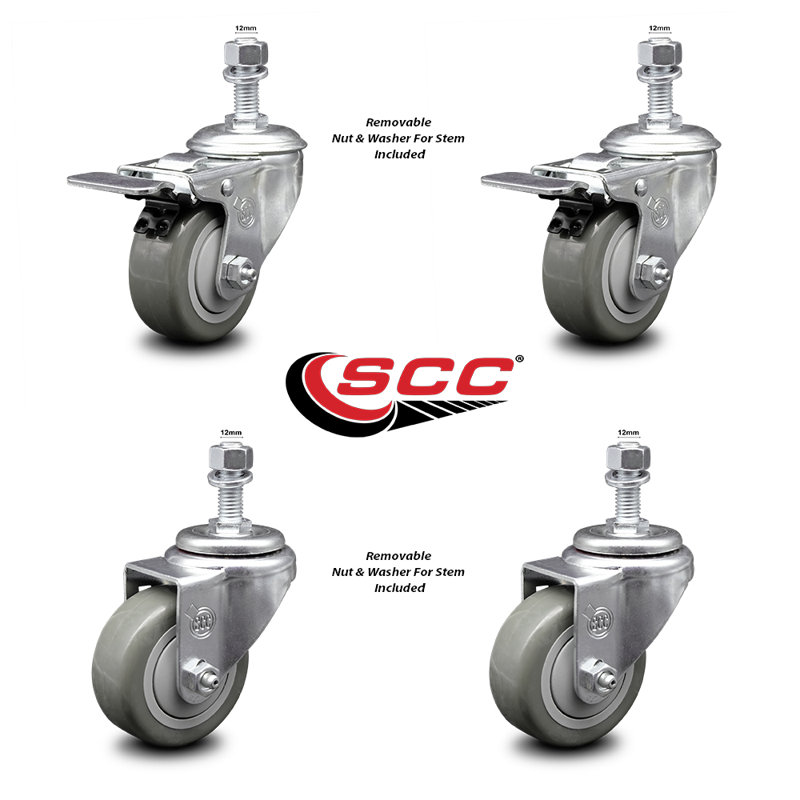 Polyurethane Swivel 12mm Stem Caster Set 2 Total Lock Brake