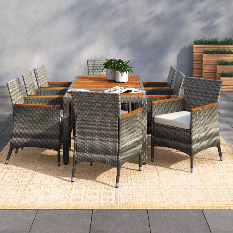 Allye 8 - Person Acacia Patio Dining Set with Rectangular Table , Cushions Included, 29" H x 71" L x 35" W, 8