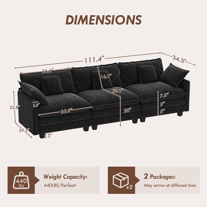 George 111.5" Chenille Modular Sectional Sofa, Black