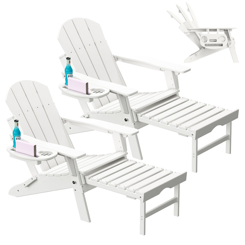 HDPE Folding And Adjustable Adirondack Chair With Ottoman, White